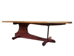 Continuum Table by Sculptera in cedar, side view: a long thin-edged tabletop on a carved pedestal with an oval opening