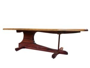 Continuum Table by Sculptera in cedar, side view from a slight angle, showing the pedestal opening and the cross-shaped feet