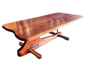 Continuum Table by Sculptera in cedar, view from one end across the glossy tabletop, with the cross-shaped feet below